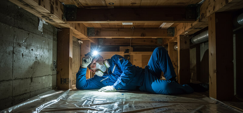 シロアリ点検を行う日本人作業員